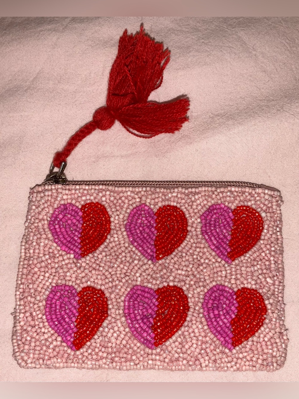 Beaded Heart Cosmetic Pouch in Pink & Red